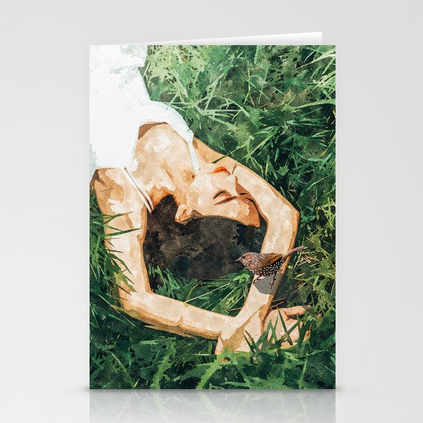 Jungle Nap Painting, Nature Illustration, Woman & Birds Portrait Stationery Card Gallery Image 1