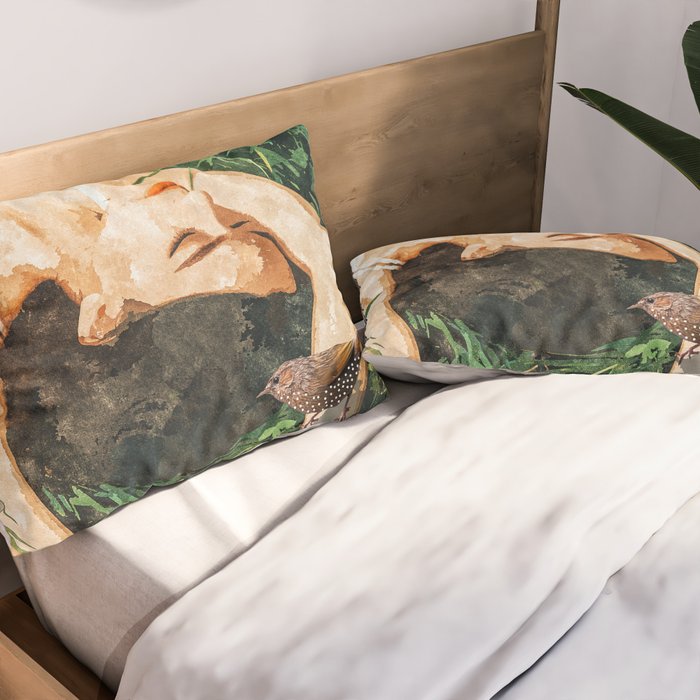Jungle Nap Painting, Nature Illustration, Woman & Birds Portrait Pillow Sham Gallery Image 2