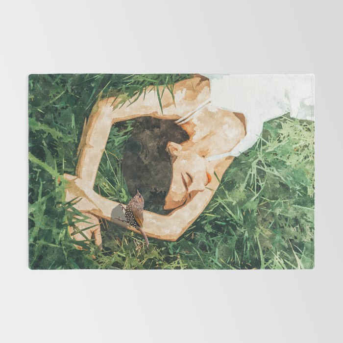Jungle Nap Painting, Nature Illustration, Woman & Birds Portrait Rug Gallery Image 2