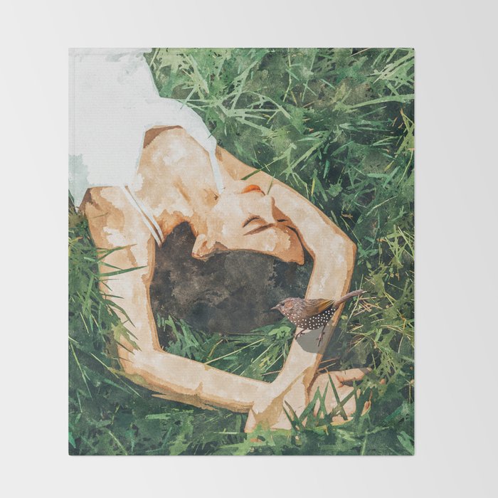 Jungle Nap Painting, Nature Illustration, Woman & Birds Portrait Throw Blanket Gallery Image 2