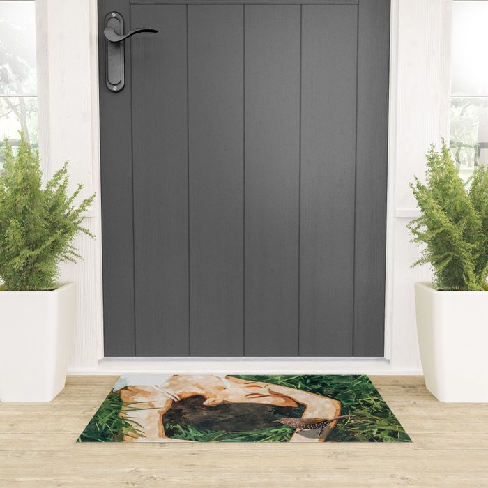 Jungle Nap Painting, Nature Illustration, Woman & Birds Portrait Welcome Mat Gallery Image 3