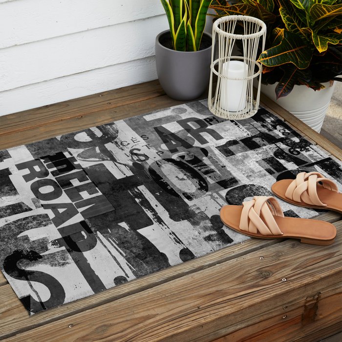 Loft Style Distressed Grunge Street Art Typography Outdoor Rug Gallery Image 2