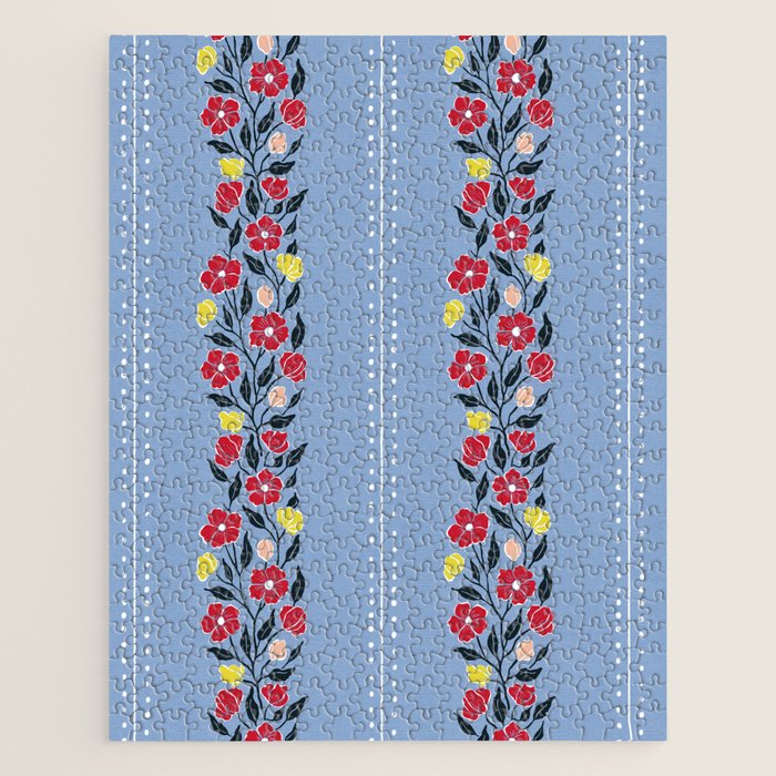 Vintage Posey Stripe Floral on Blue Linen Jigsaw Puzzle Gallery Image 1