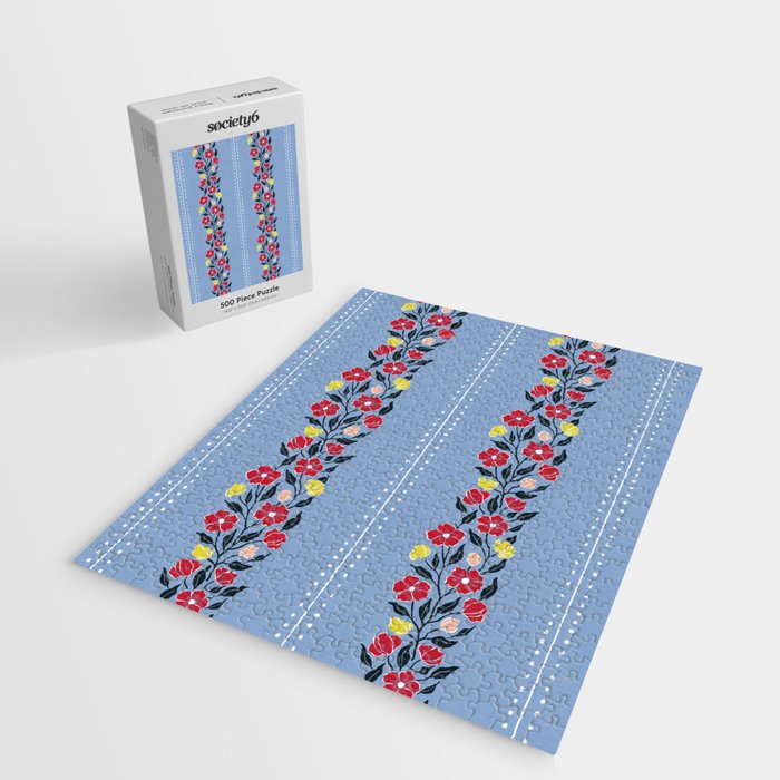 Vintage Posey Stripe Floral on Blue Linen Jigsaw Puzzle Gallery Image 2