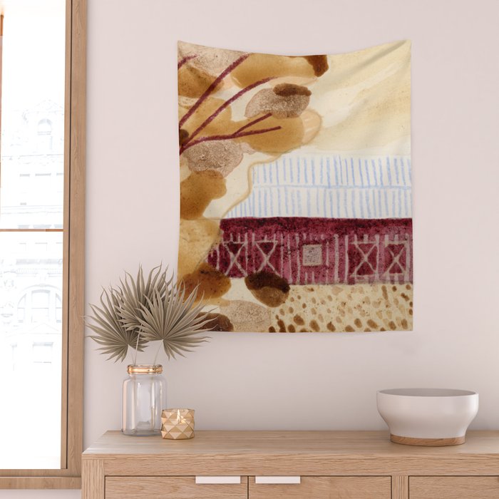Rustic Country Barn Painting in Yellow Ochre & Brown Wall Tapestry Gallery Image 2
