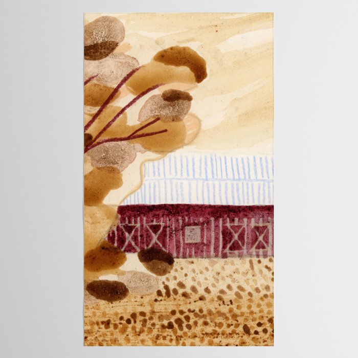 Rustic Country Barn Painting in Yellow Ochre & Brown Tablecloth Gallery Image 2