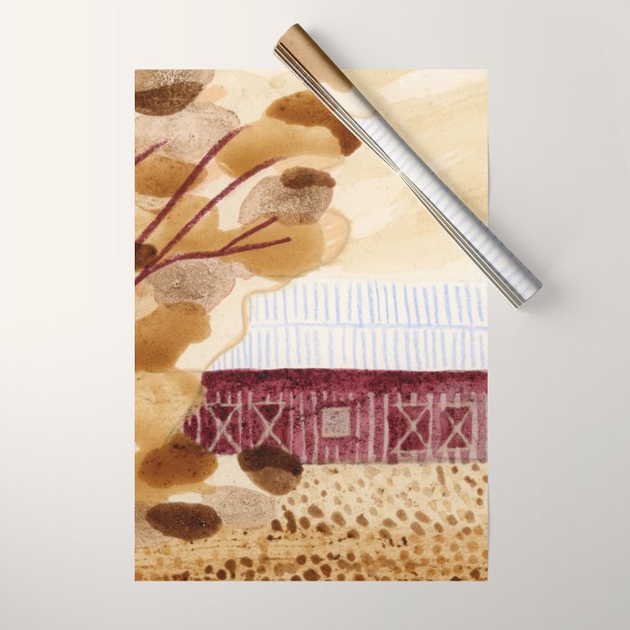 Rustic Country Barn Painting in Yellow Ochre & Brown Wrapping Paper Gallery Image 1