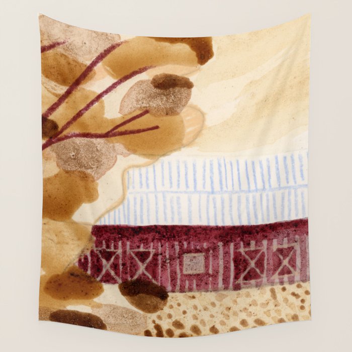 Rustic Country Barn Painting in Yellow Ochre & Brown Wall Tapestry Gallery Image 4