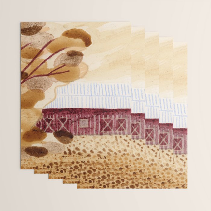 Rustic Country Barn Painting in Yellow Ochre & Brown Wrapping Paper Gallery Image 3