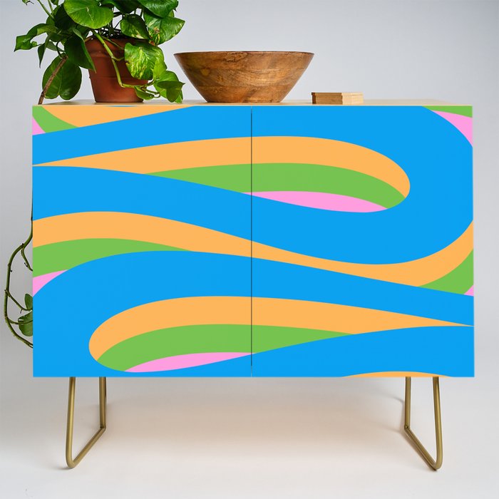 Pop Swirl Wavy Abstract Pattern Bright Blue Green Mustard Pink Credenza Gallery Image 1