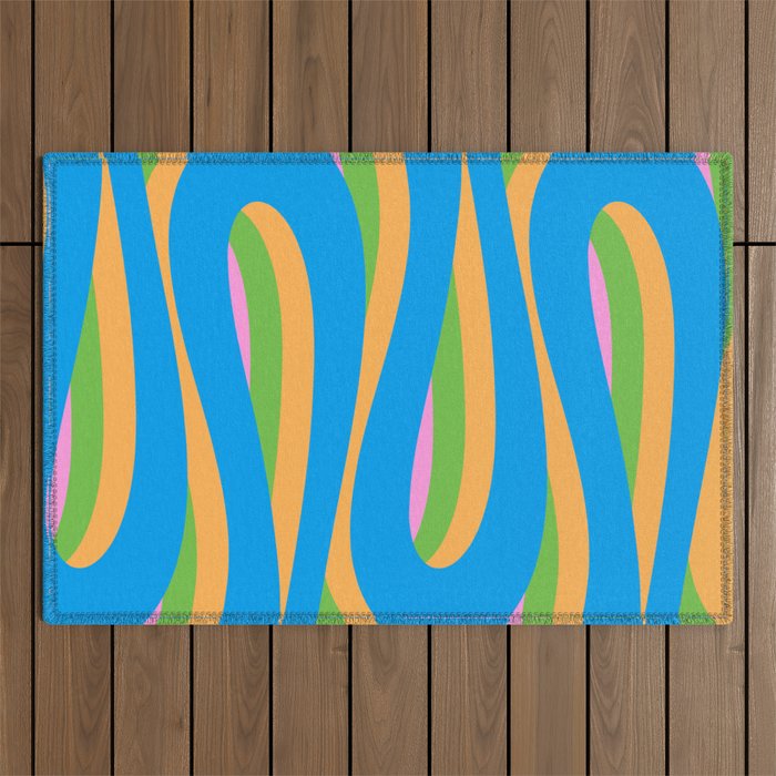 Pop Swirl Wavy Abstract Pattern Bright Blue Green Mustard Pink Outdoor Rug Gallery Image 1