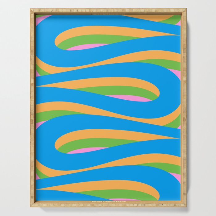 Pop Swirl Wavy Abstract Pattern Bright Blue Green Mustard Pink Serving Tray Gallery Image 1
