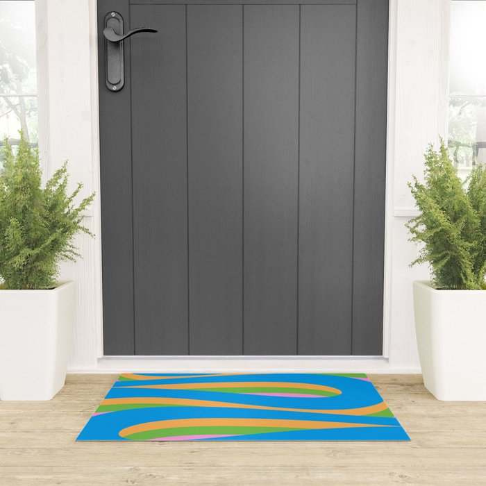 Pop Swirl Wavy Abstract Pattern Bright Blue Green Mustard Pink Welcome Mat Gallery Image 3