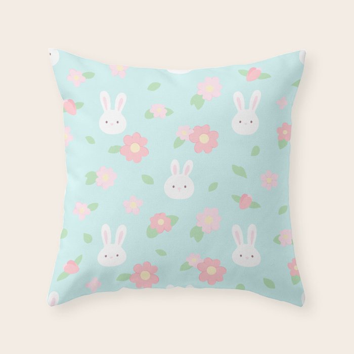 Cute rabbit bunny animal with spring flowers Throw Pillow Gallery Image 6