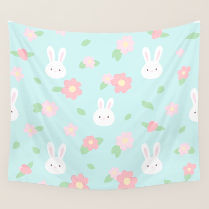 Cute rabbit bunny animal with spring flowers Wall Tapestry Gallery Image 1