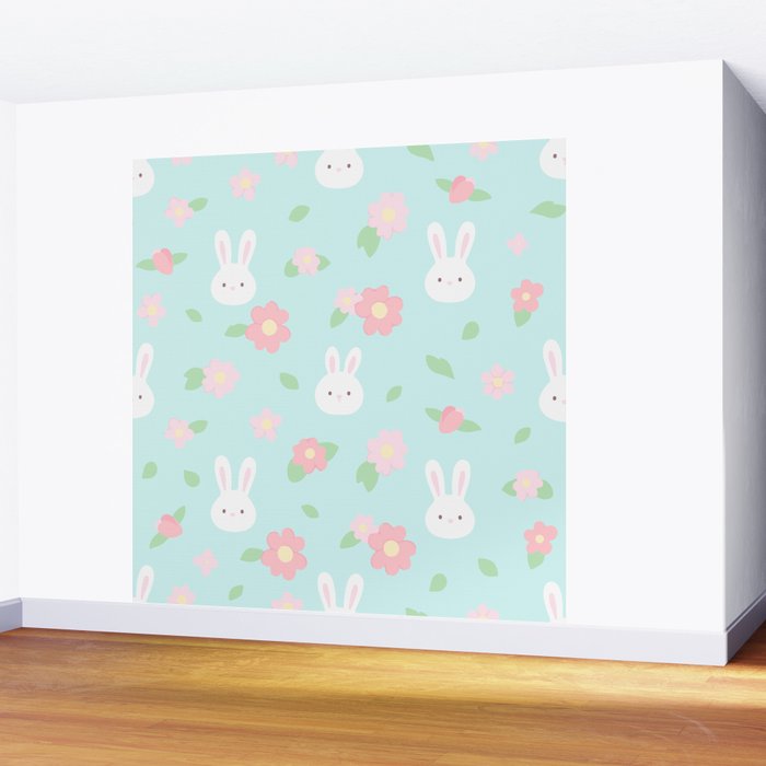 Cute rabbit bunny animal with spring flowers Wall Mural Gallery Image 2