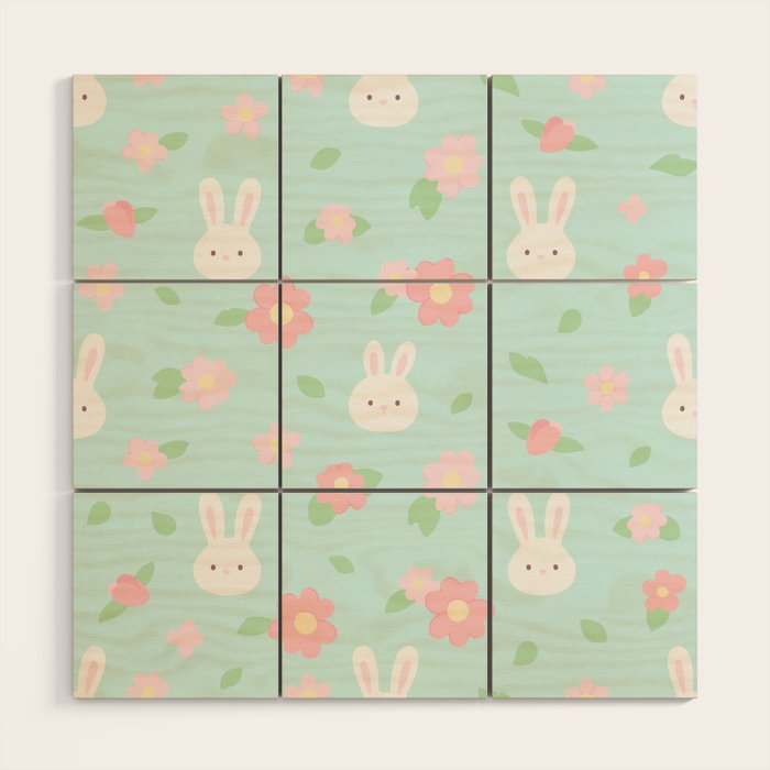 Cute rabbit bunny animal with spring flowers Wood Wall Art Gallery Image 1