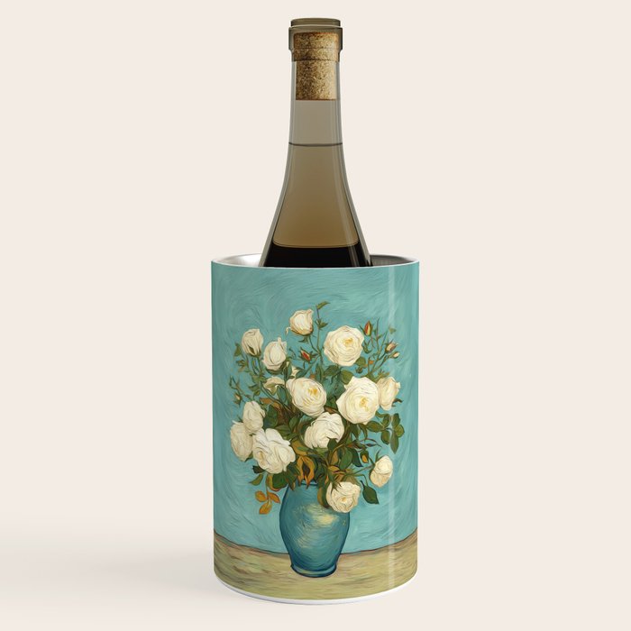 White Roses in Blue Vase Wine Chiller Gallery Image 1