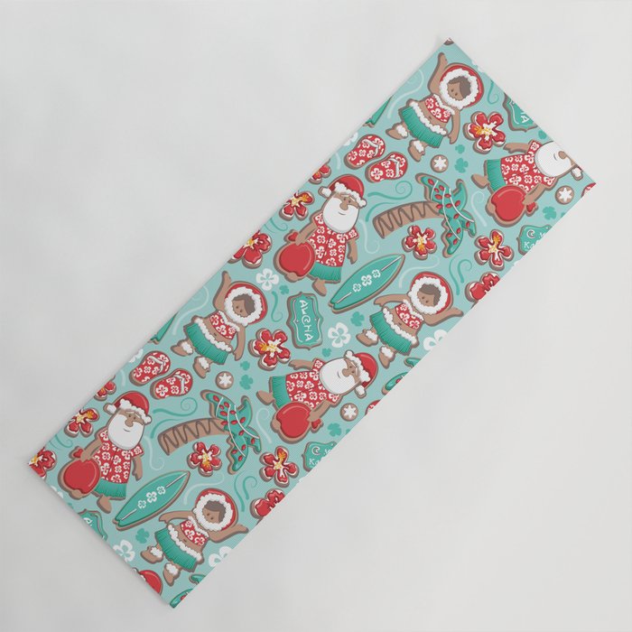 Mele Kalikimaka Hawaiian Christmas gingerbread cookies // aqua background Yoga Mat Gallery Image 1