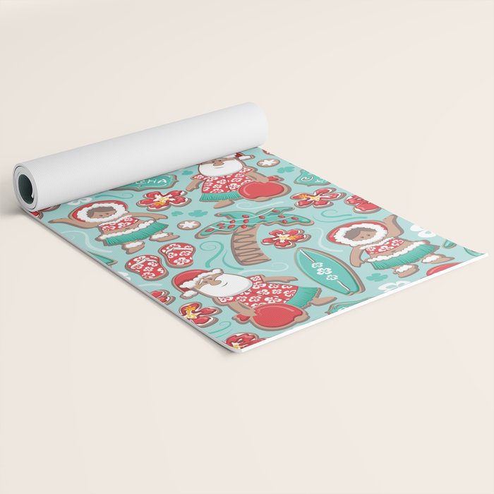Mele Kalikimaka Hawaiian Christmas gingerbread cookies // aqua background Yoga Mat Gallery Image 2