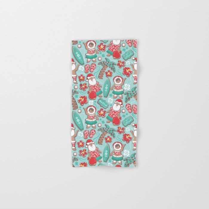 Mele Kalikimaka Hawaiian Christmas gingerbread cookies // aqua background Bath Towel Gallery Image 1