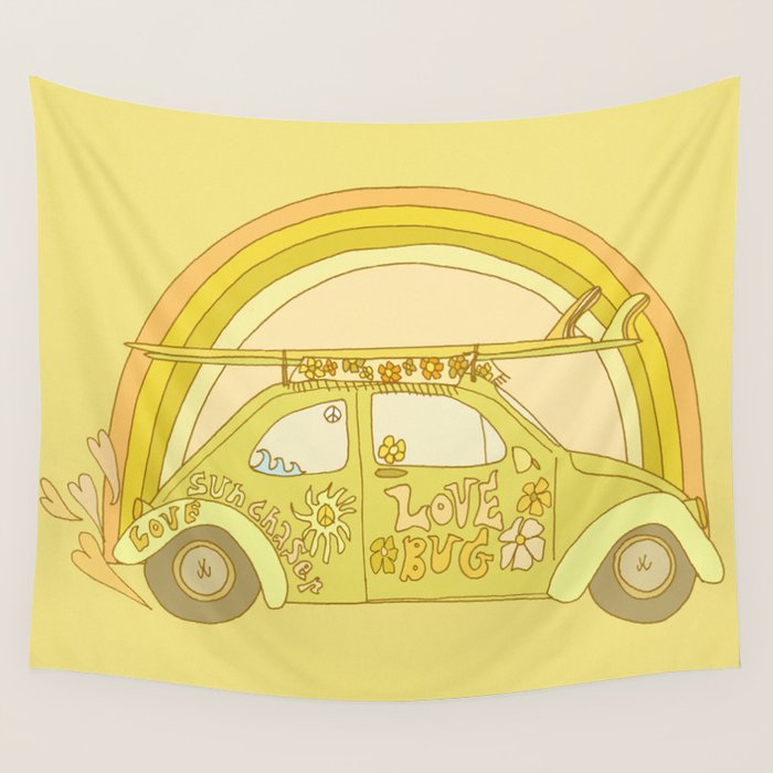 love bug valentine // retro surf art by surfy birdy Wall Tapestry Gallery Image 1