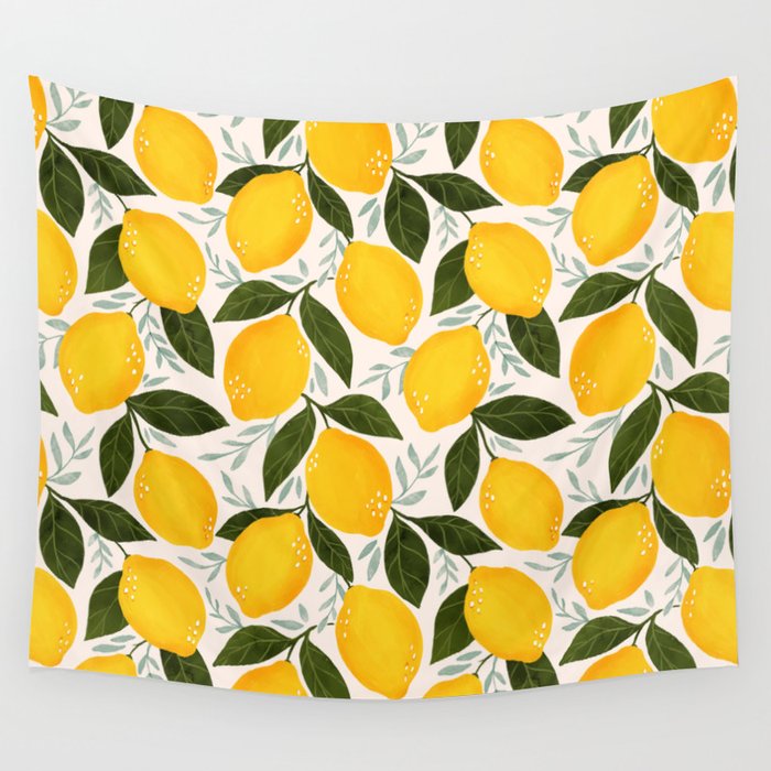 Mediterranean Summer Lemons Pattern Wall Tapestry Gallery Image 4
