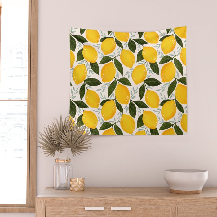 Mediterranean Summer Lemons Pattern Wall Tapestry Gallery Image 2