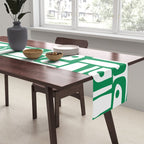 Mid Century Modern Piquet Abstract Multi Pattern Kelly Green and White Table Runner Gallery Image 2