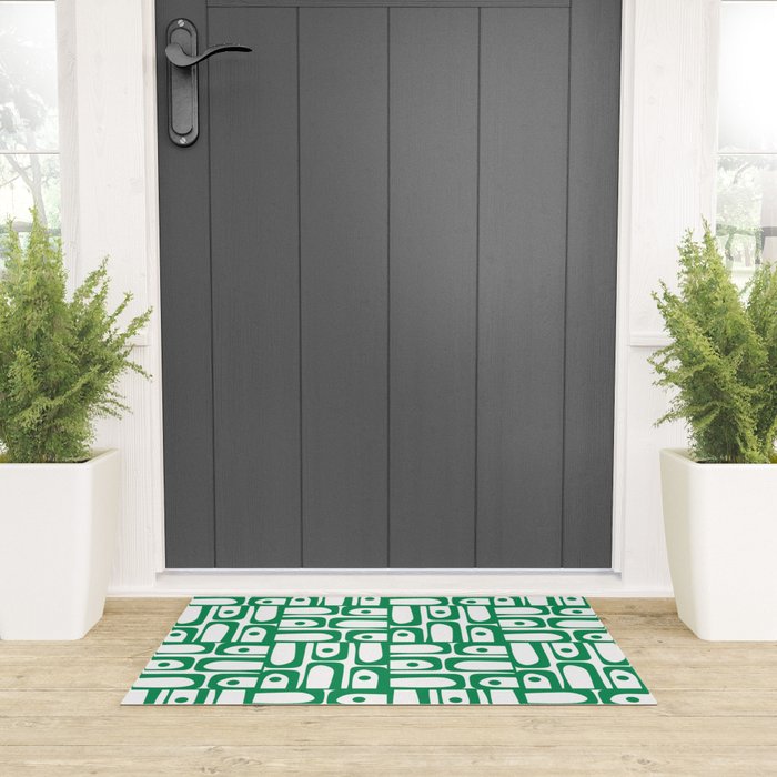 Mid Century Modern Piquet Abstract Multi Pattern Kelly Green and White Welcome Mat Gallery Image 3