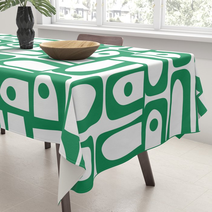 Mid Century Modern Piquet Abstract Multi Pattern Kelly Green and White Tablecloth Gallery Image 3