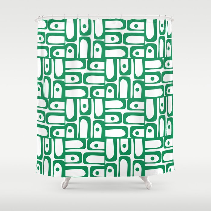 Mid Century Modern Piquet Abstract Multi Pattern Kelly Green and White Shower Curtain Gallery Image 1