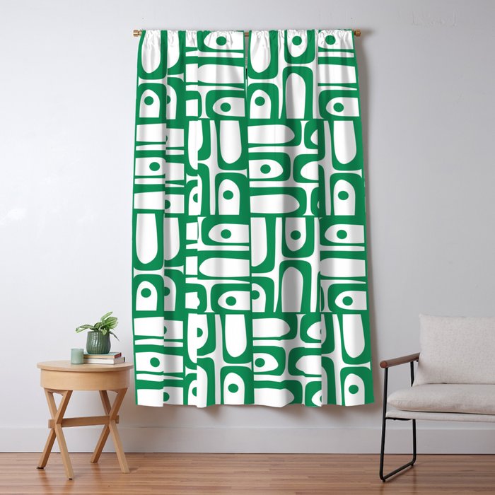 Mid Century Modern Piquet Abstract Multi Pattern Kelly Green and White Window Curtain Gallery Image 5