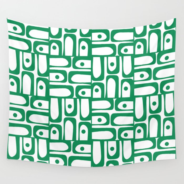 Mid Century Modern Piquet Abstract Multi Pattern Kelly Green and White Wall Tapestry Gallery Image 1