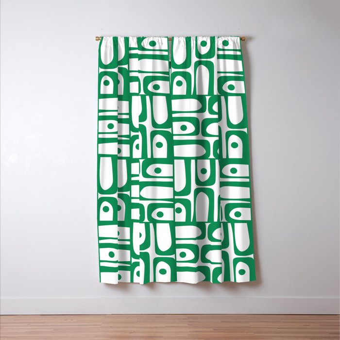 Mid Century Modern Piquet Abstract Multi Pattern Kelly Green and White Window Curtain Gallery Image 3