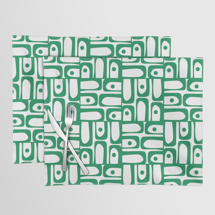 Mid Century Modern Piquet Abstract Multi Pattern Kelly Green and White Placemat Gallery Image 1