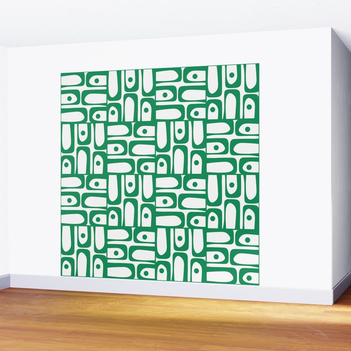 Mid Century Modern Piquet Abstract Multi Pattern Kelly Green and White Wall Mural Gallery Image 2