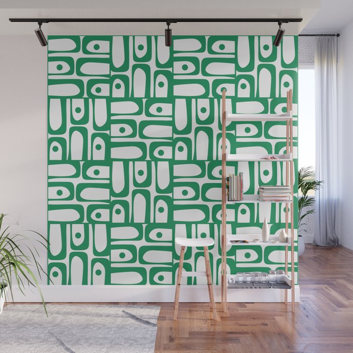 Mid Century Modern Piquet Abstract Multi Pattern Kelly Green and White Wall Mural Gallery Image 1
