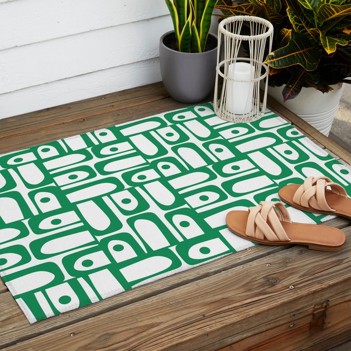 Mid Century Modern Piquet Abstract Multi Pattern Kelly Green and White Outdoor Rug Gallery Image 2