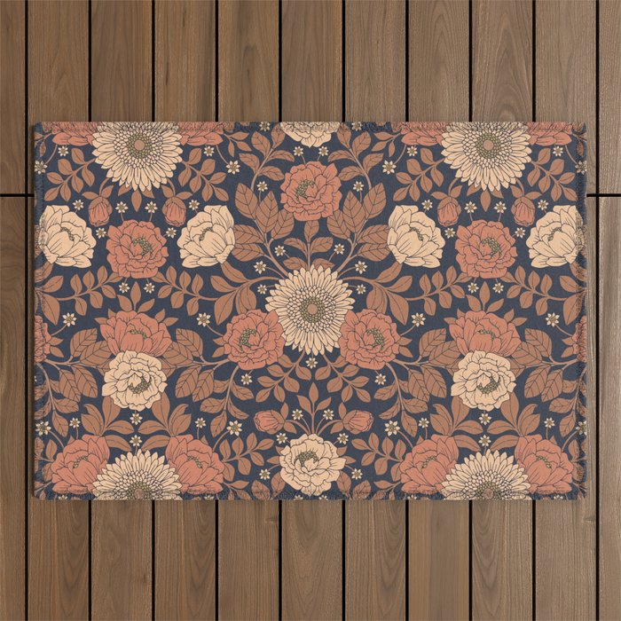 Peach, Dusty Rose, Mauve & Blue-Gray Floral Pattern Outdoor Rug Gallery Image 1
