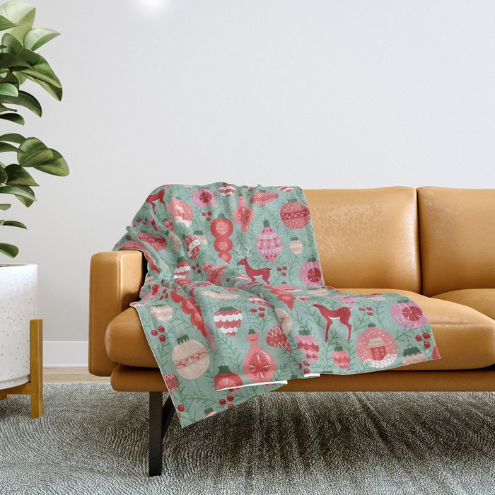 Mid-Century Ornaments in Red and Mint Throw Blanket Gallery Image 1