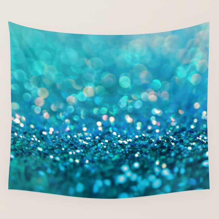 Teal turquoise blue shiny glitter print effect - Sparkle Luxury Backdrop Wall Tapestry Gallery Image 1
