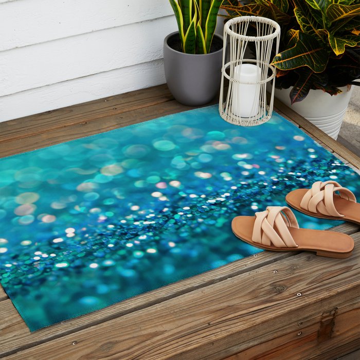Teal turquoise blue shiny glitter print effect - Sparkle Luxury Backdrop Outdoor Rug Gallery Image 2