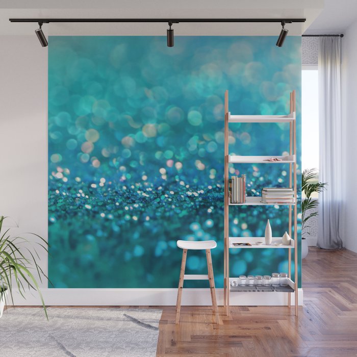 Teal turquoise blue shiny glitter print effect - Sparkle Luxury Backdrop Wall Mural Gallery Image 1