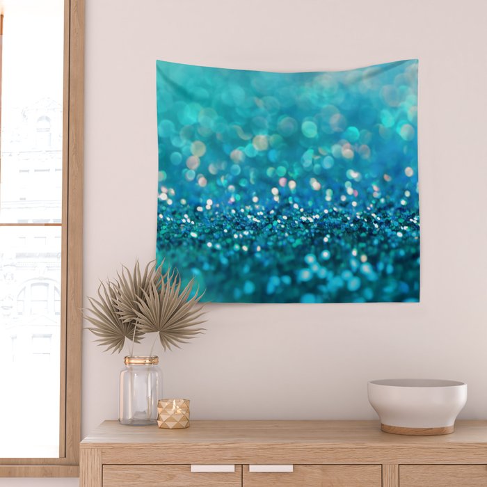 Teal turquoise blue shiny glitter print effect - Sparkle Luxury Backdrop Wall Tapestry Gallery Image 2
