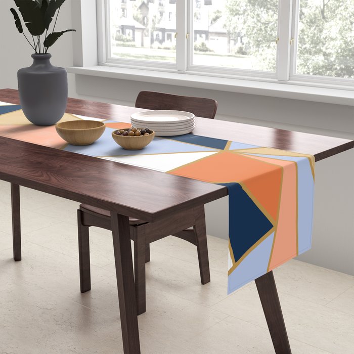 Festive, Geometric Art, Orange, Navy, Blue, Gold, Abstract Art Table Runner Gallery Image 2