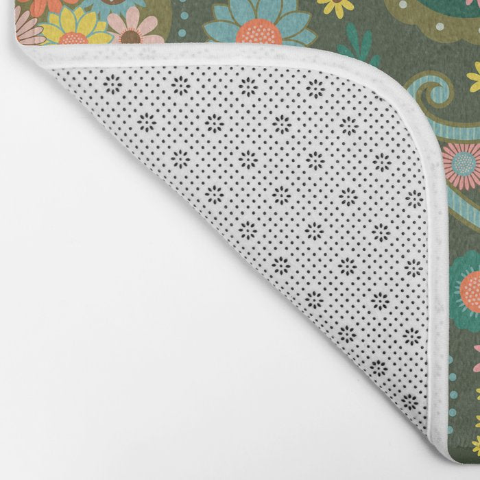 Retro Paisley Floral - Multicolored on Olive Green Bath Mat Gallery Image 2