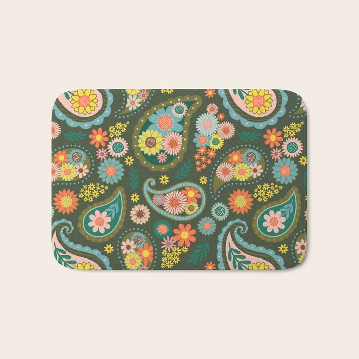 Retro Paisley Floral - Multicolored on Olive Green Bath Mat Gallery Image 1