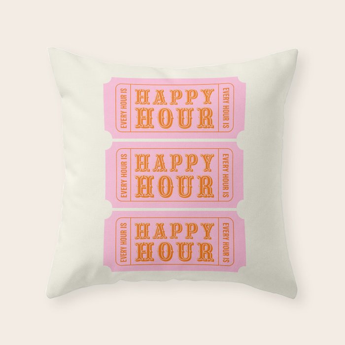 Every Hour Is Happy Hour, Pink Retro Bar Ticket Throw Pillow Gallery Image 6