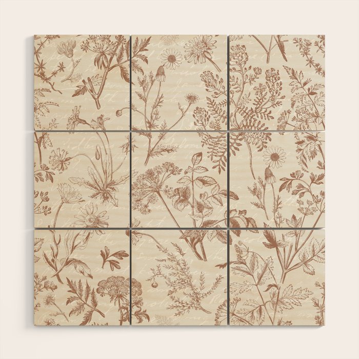 Meadow Floral Herbarium Cottagecore Botanical Monochromatic Pattern - Mocha Mousse  Wood Wall Art Gallery Image 1